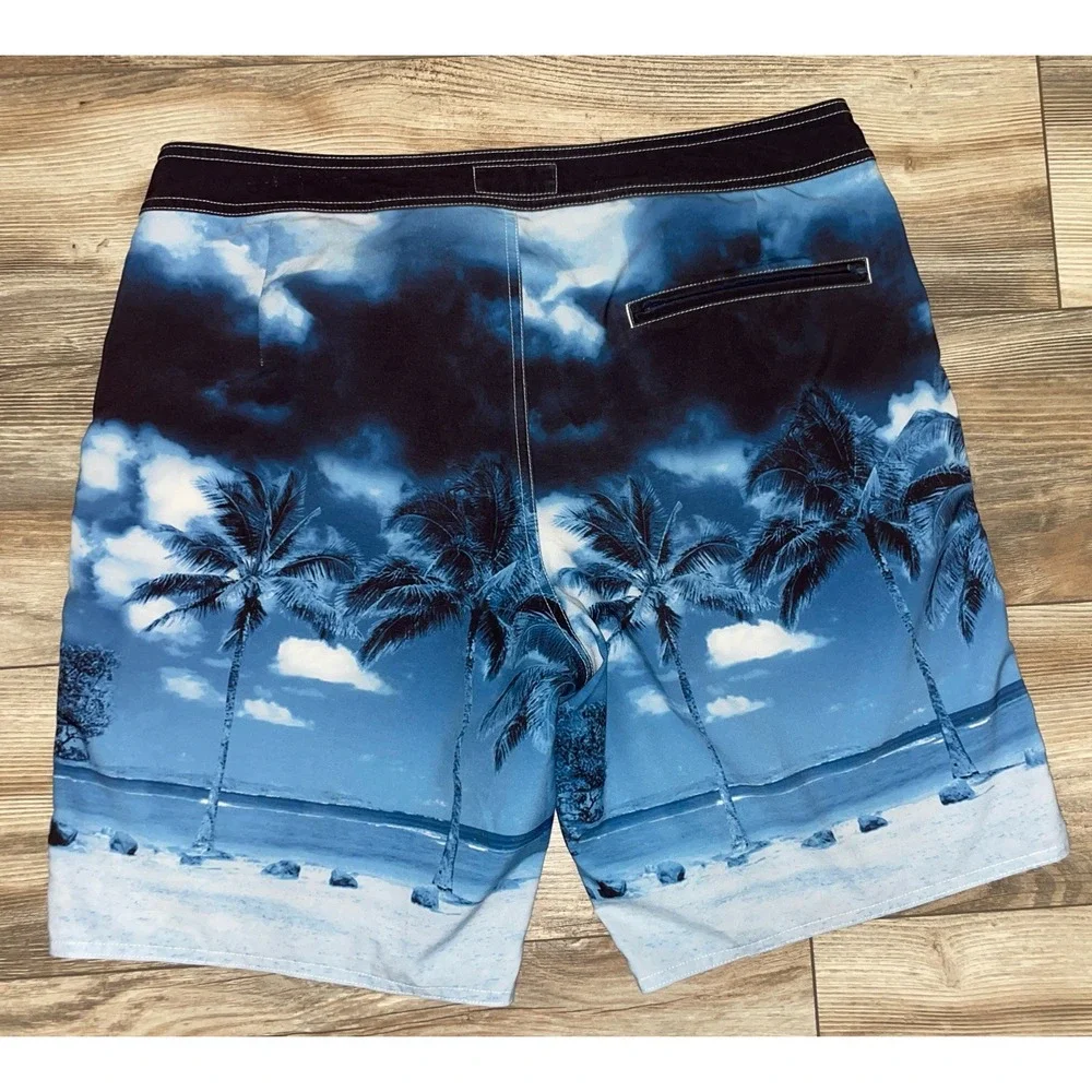 American Eagle Mens L Board Shorts Blue Palm Tree Print Lace Up‎ Drawstring
